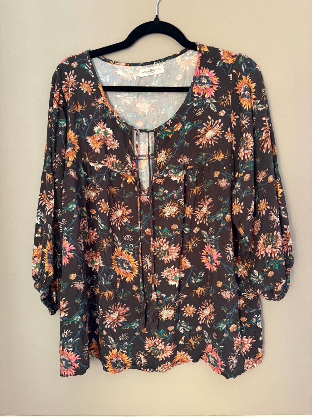 Natural Life Top Peasant Blouse Floral Boho Tassel Tie Sunflower Cottagecore XL